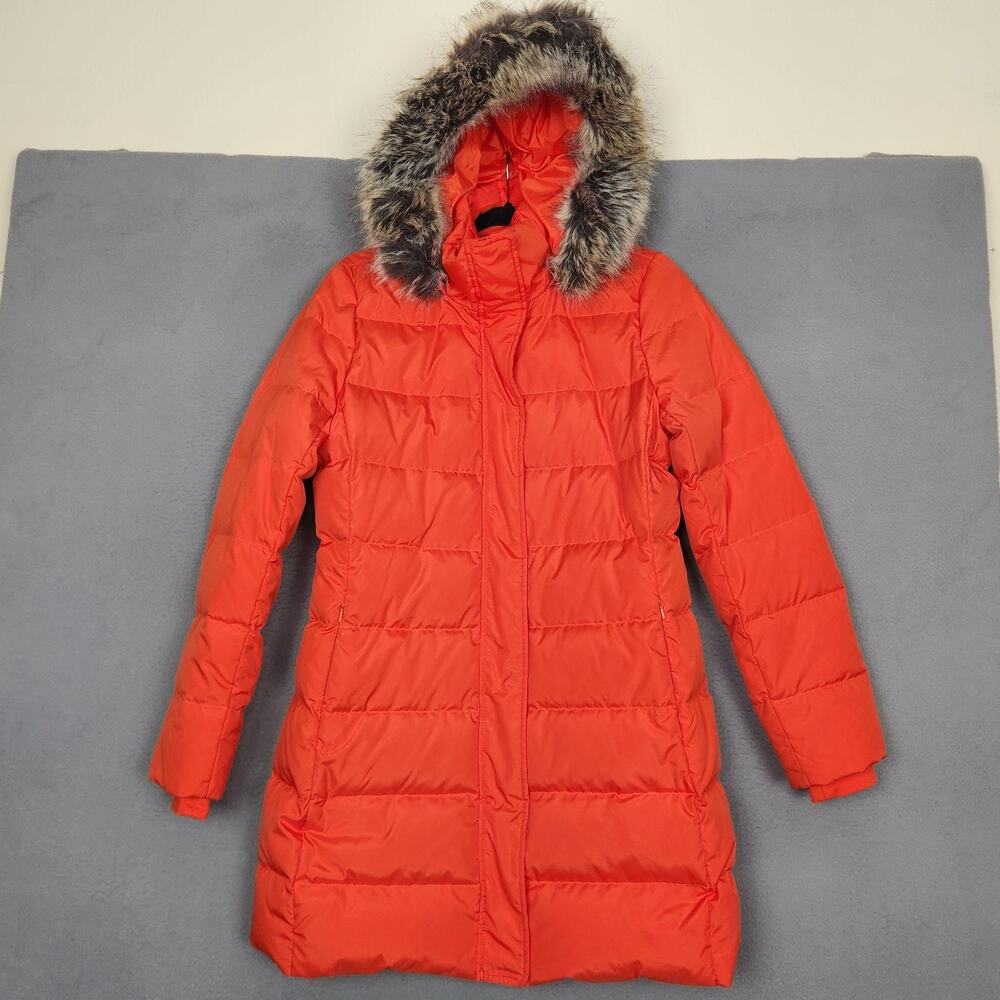 Lands End Coat Womens Small Orange Down Puffer Parka Faux Fur Hood Winter Warm